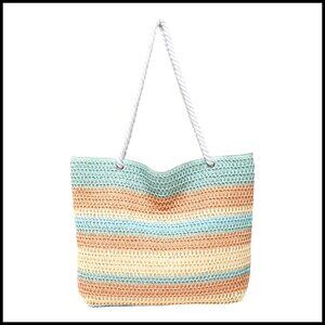 Large Striped Straw Tote Bag Lightweight Zipper Summer Beach Boho Chic
